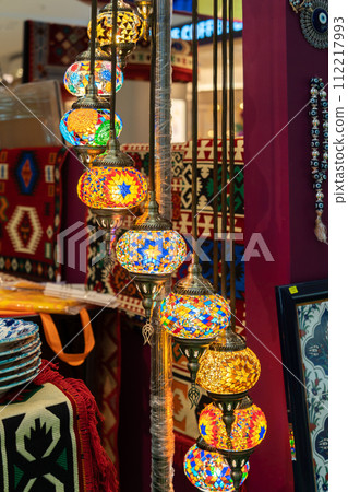 Colorful traditional Turkish lanterns for sale in the bazaar. 112217993