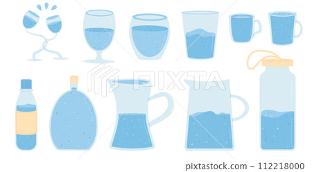 Water in different containers set isolated on white background. Fresh clean beverages with sparkling and still. Drink more water. Stay hydrated. Vector flat illustration Water in different containers set isolated on white background. Fresh clean beverages with sparkling and still. Drink more water. Stay hydrated. Vector flat illustration 112218000