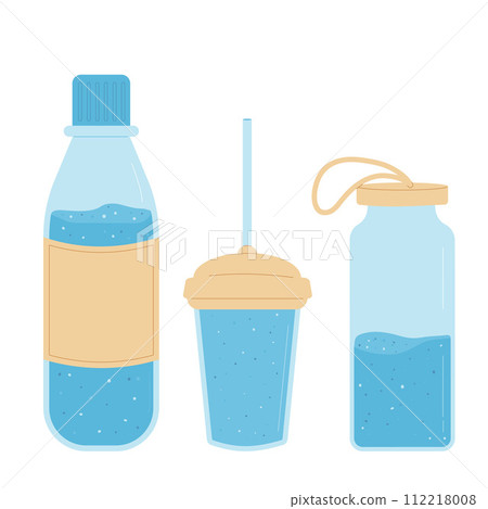 Small and sport bottle, cup of still water isolated on white background. Fresh clean drink in plastic container. Aqua healthy cold beverage. Stay hydrated. Vector flat illustration 112218008