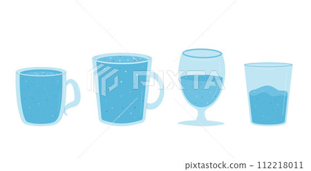Glasses and cups of still and fizzy water set isolated on white background. Fresh clean drink. Aqua healthy cold beverage. Stay hydrated. Vector flat illustration 112218011