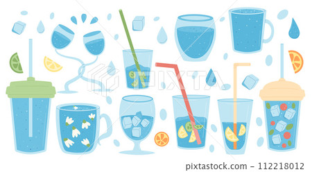 Water glasses set isolated on white background. Fresh clean and aroma drinks. Aqua beverages with sparkling and fruit berry herbal and cucumber. Stay hydrated. Liquid balance. Vector flat illustration 112218012