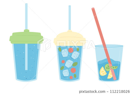Glasses of water and and soft drinks set isolated on white background. Fresh clean and aroma beverages with sparkling, fruit and berry herbal and cucumber. Stay hydrated. Vector flat illustration 112218026
