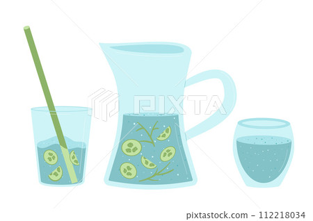 Jug and glasses of cucumber water. Homemade soft drink isolated on white background. Fresh summer cold beverage. Vector flat illustration Jug and glasses of cucumber water. Homemade soft drink isolated on white background. Fresh summer cold beverage. Vector flat illustration 112218034