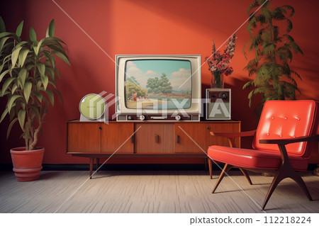 Retro living room interior with tv 112218224