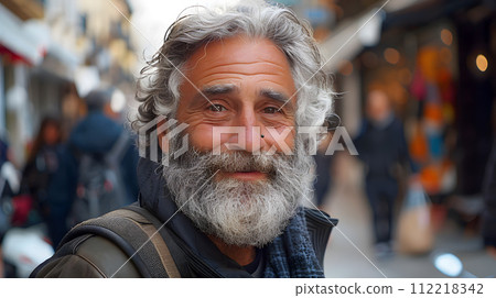 AI-generated content. A man with a beard, moustache, and gray hair is smiling on a city street. He is wearing a hat and has wrinkles on his face. A plant is nearby, and there is a crowd in the 112218342