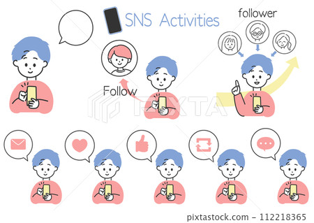 Convenient for creating illustrations of NS operation! A set of speech bubble icons with men enjoying SNS 112218365