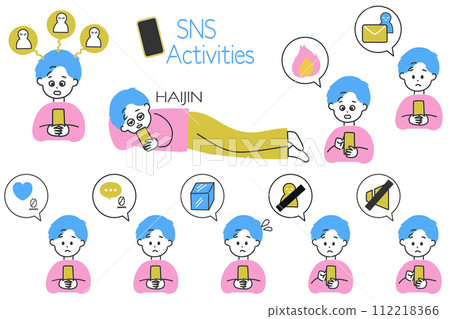 Convenient for creating illustrations of SNS operation! A set of men who are worried about SNS and speech bubble icons 112218366