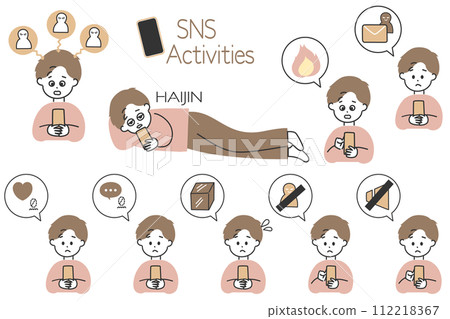 Convenient for creating illustrations of SNS operation! A set of men who are worried about SNS and speech bubble icons 112218367