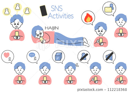 方便創作SNS操作的插圖！一群擔心 SNS 和語音氣泡圖標的男人 112218368