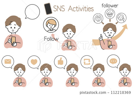 方便創作SNS操作的插圖！一組語音氣泡圖標，其中男性享受 SNS 112218369