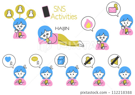 Convenient for creating illustrations of SNS operation! A set of women who struggle with SNS and speech bubble icons Convenient for creating illustrations of SNS operation! A set of women who struggle with SNS and speech bubble icons 112218388