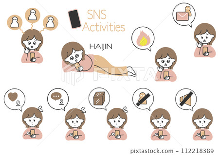 Convenient for creating illustrations of SNS operation! A set of women who struggle with SNS and speech bubble icons 112218389