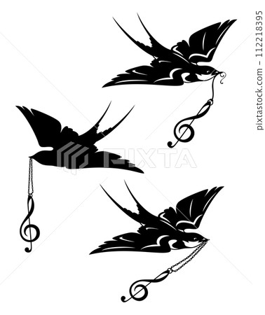 swallow bird holding musical treble clef black and white vector design set swallow bird holding musical treble clef black and white vector design set 112218395