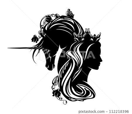 black vector silhouette portrait of fairy tale princess with long mane unicorn horse and rose flowers 112218396