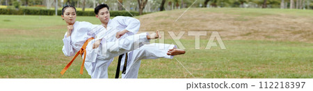 Header with taekwondo athletes doing side kick Header with taekwondo athletes doing side kick 112218397