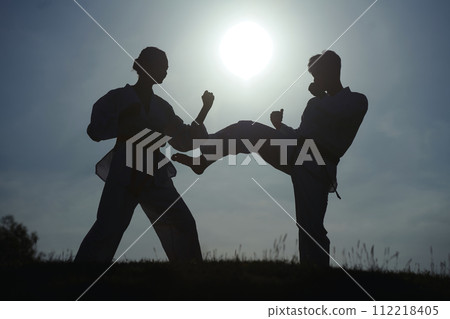 Silhouettes of taekwondo athletes fighting against blue sky Silhouettes of taekwondo athletes fighting against blue sky 112218405