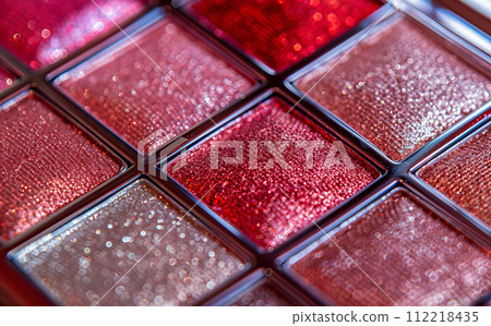 AI-generated content. A close-up of pearlescent shimmery palette of pink eyeshadows for creating eye makeup 112218435