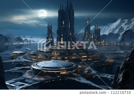 Alien city or city of the future on the water during the full moon 112218710
