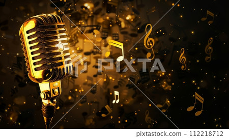 Vintage Microphone with Musical Notes Bokeh 112218712