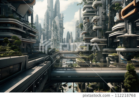 Futuristic city with skyscrapers in the background. Hyper realistic illustration Futuristic city with skyscrapers in the background. Hyper realistic illustration 112218768