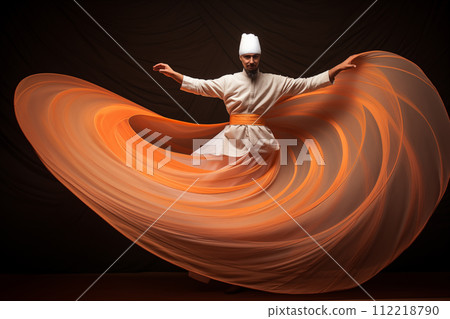 Whirling dervish in orange dress on black background Whirling dervish in orange dress on black background 112218790