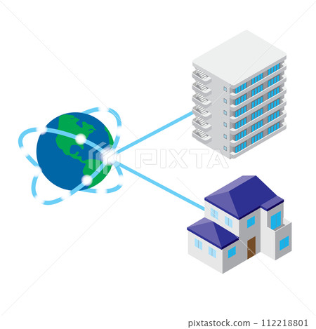 Image illustration where the Internet is connected to an apartment complex and a detached house 112218801