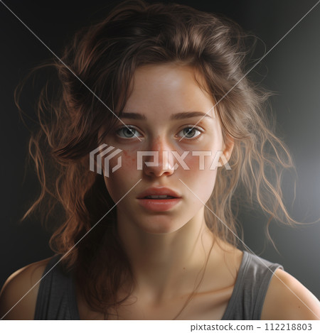 Portrait of a young girl with freckles on her face. Hyper realistic illustration Portrait of a young girl with freckles on her face. Hyper realistic illustration 112218803
