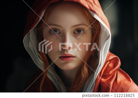 Portrait of a red-haired girl in a red raincoat. Hyper realistic illustration 112218825