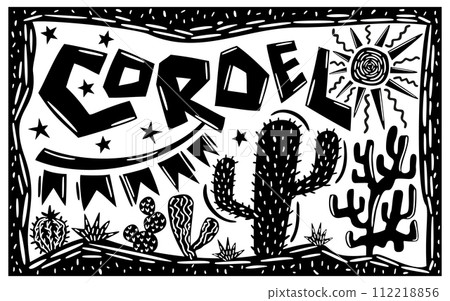 Brasilian cordel style. Desert landscape elements. Cacti, succulents, sun and stars. Woodcut style. 112218856