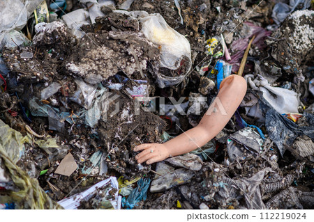 Landfill, large pile of waste. Nature pollution, environmental concept, eco activism. Landfill, large pile of waste. Nature pollution, environmental concept, eco activism. 112219024