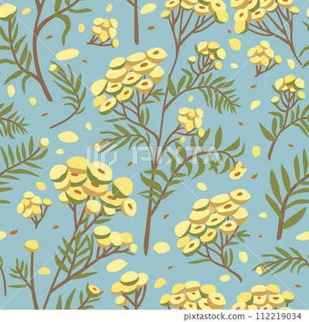 Vector seamless floral pattern with yellow tansy flowers on blue background. Vector seamless floral pattern with yellow tansy flowers on blue background. 112219034