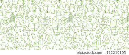Ecology seamless pattern, green line icons. Ecology environment improvement, sustainability, recycle, renewable energy. Eco friendly vector banner. For cover, wrapping paper, textile print 112219105