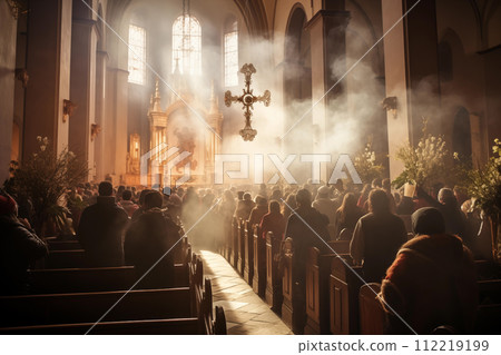 Interior of a church with people on the altar and smoke coming out 112219199