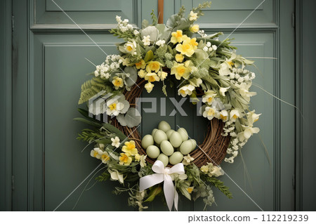 Easter wreath with flowers and eggs on a green wooden door 112219239