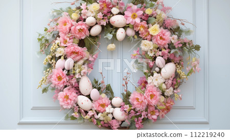 Easter wreath with pink flowers and eggs on a... - Stock Illustration ...