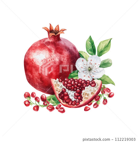 AI-generated content. Watercolor red pomegranate fruit with leaf and seeds isolated. 112219303