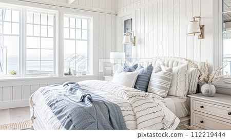 White coastal cottage bedroom decor, interior design and home decor, bed with elegant bedding and bespoke furniture, English country house and holiday rental White coastal cottage bedroom decor, interior design and home decor, bed with elegant bedding and bespoke furniture, English country house and holiday rental 112219444