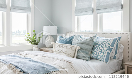 White coastal cottage bedroom decor, interior design and home decor, bed with elegant bedding and bespoke furniture, English country house and holiday rental White coastal cottage bedroom decor, interior design and home decor, bed with elegant bedding and bespoke furniture, English country house and holiday rental 112219446