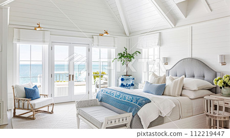 White coastal cottage bedroom decor, interior design and home decor, bed with elegant bedding and bespoke furniture, English country house and holiday rental 112219447