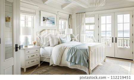 White coastal cottage bedroom decor, interior design and home decor, bed with elegant bedding and bespoke furniture, English country house and holiday rental White coastal cottage bedroom decor, interior design and home decor, bed with elegant bedding and bespoke furniture, English country house and holiday rental 112219451