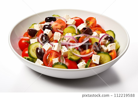 Greek salad with feta cheese, olives, tomato and cucumber isolate on white background Greek salad with feta cheese, olives, tomato and cucumber isolate on white background 112219588