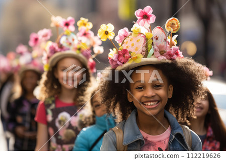 happy African American little girl with flower crown on head in city. Children wearing Easter bonne 112219626