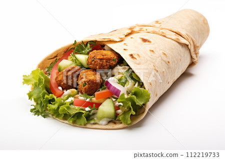 Colorful tortilla with falafel and vegetables isolated on white background 112219733