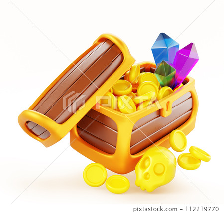 Wooden chest with gold coins, gems and skull 3d render icon. Luxury old pirate treasure box with open lid, money, jewelry and gemstones. Cartoon vintage wood trunk with golden fetter. 3D illustration Wooden chest with gold coins, gems and skull 3d render icon. Luxury old pirate treasure box with open lid, money, jewelry and gemstones. Cartoon vintage wood trunk with golden fetter. 3D illustration 112219770