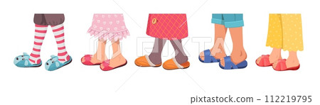 House slippers on human legs. Comfortable home shoes. Soft warm materials. Children feet in knee socks and stockings. Felt and fur footwear. Domestic clothing. Splendid vector set 112219795
