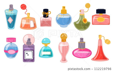 Perfumery bottles. Various designs glass vials. Fragrant toilet waters. Luxury female perfume. Male cosmetics. Pleasant smell. Spray phials. Beauty product packages. Recent vector set 112219798