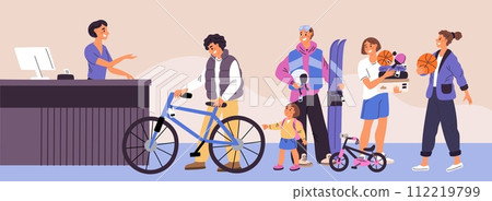 Sport goods store. Customers standing in waiting line at checkout. Shopping day. People with bicycles, skis and balls. Seller at cashier. Visitors buying sportswear. Garish vector concept 112219799