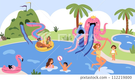 Vacation in aquapark. Happy people slide down into water. Family entertainment. Adults and kids swim in pool. Outdoor amusement waterpark. Persons ride waterslide. Garish vector concept 112219800