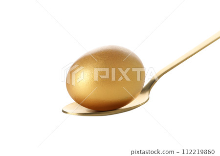 PNG,A golden egg in a golden spoon, isolated on white background 112219860