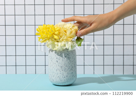 Beautiful, fresh flowers on a blue background. 112219900